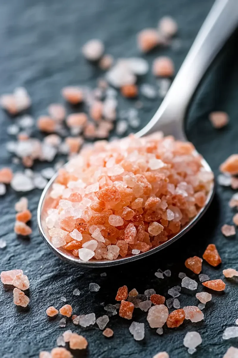 close-up of Himalayan pink salt on metal spoon