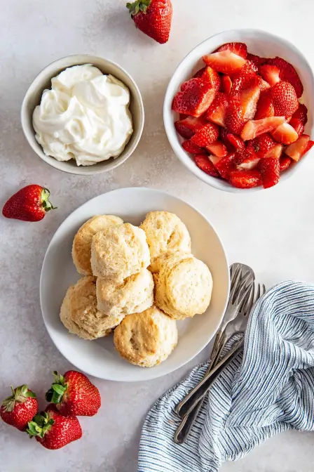 Baked shortcake biscuits with bowls of strawberries and whipped cream on white marble surface