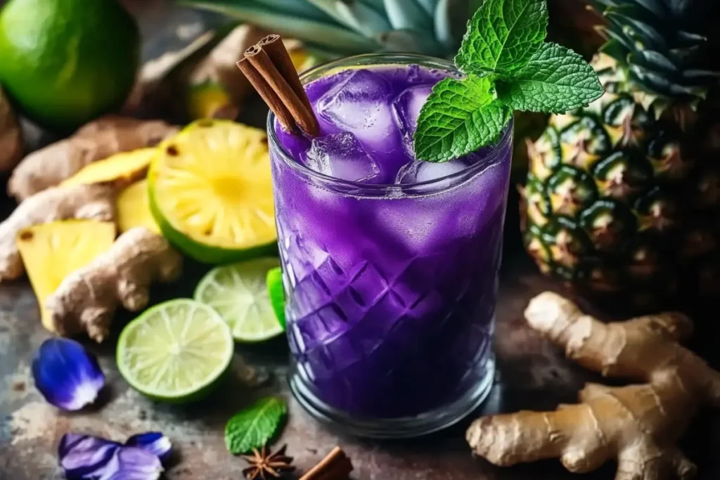 Colorful butterfly pea flower drink with pineapple and mint
