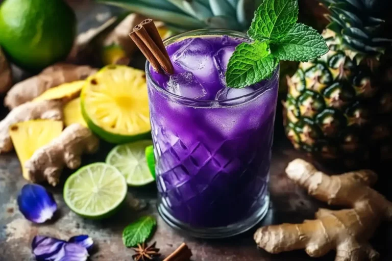 Colorful butterfly pea flower drink with pineapple and mint