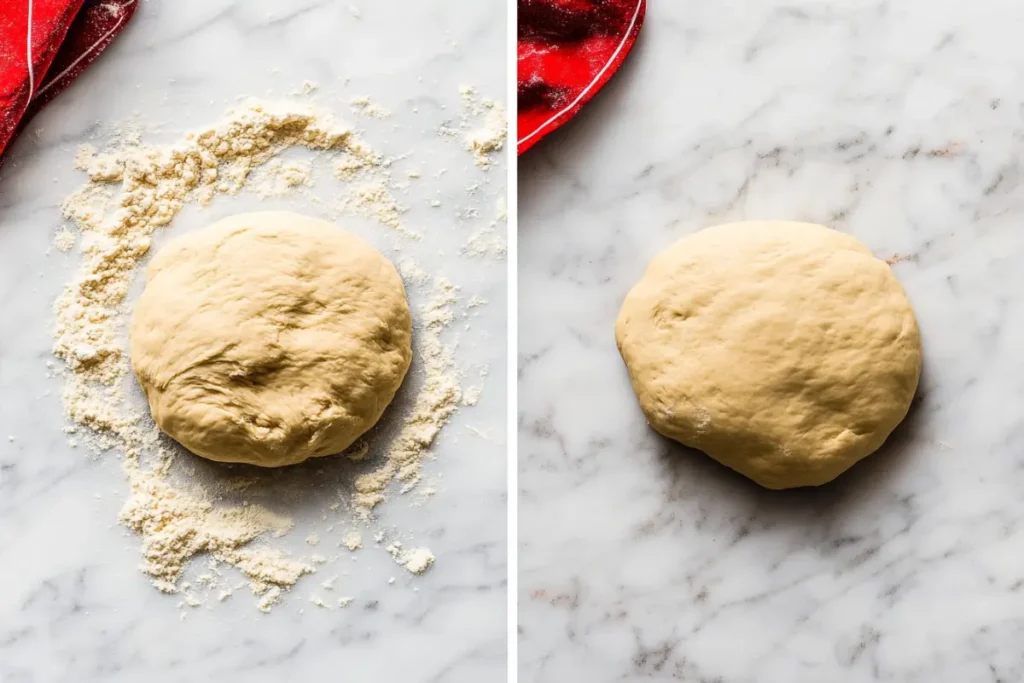 Kneaded cinnamon roll dough on floured marble surface