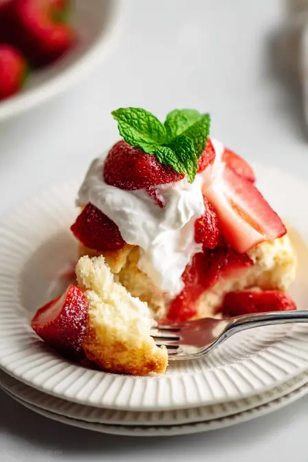 Served strawberry shortcake with fork, strawberries, and whipped cream recipe