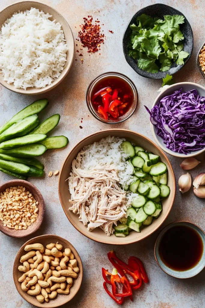 Ingredients ready for Teriyaki Chicken Crispy Rice Salad