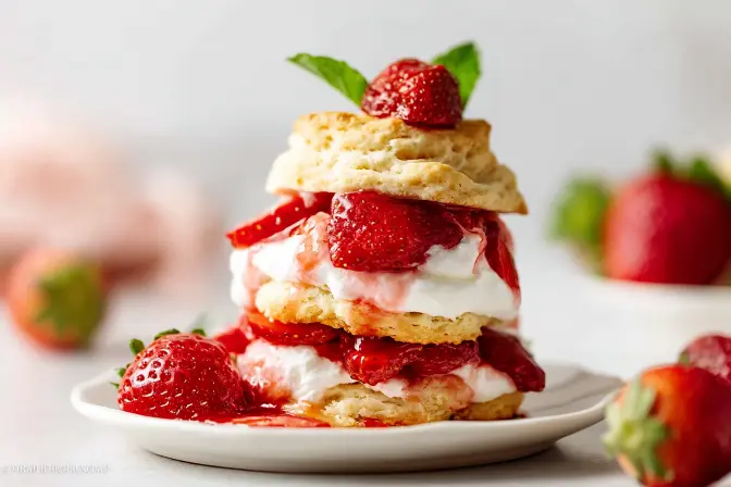 Strawberry shortcake recipe with whipped cream and fresh strawberries