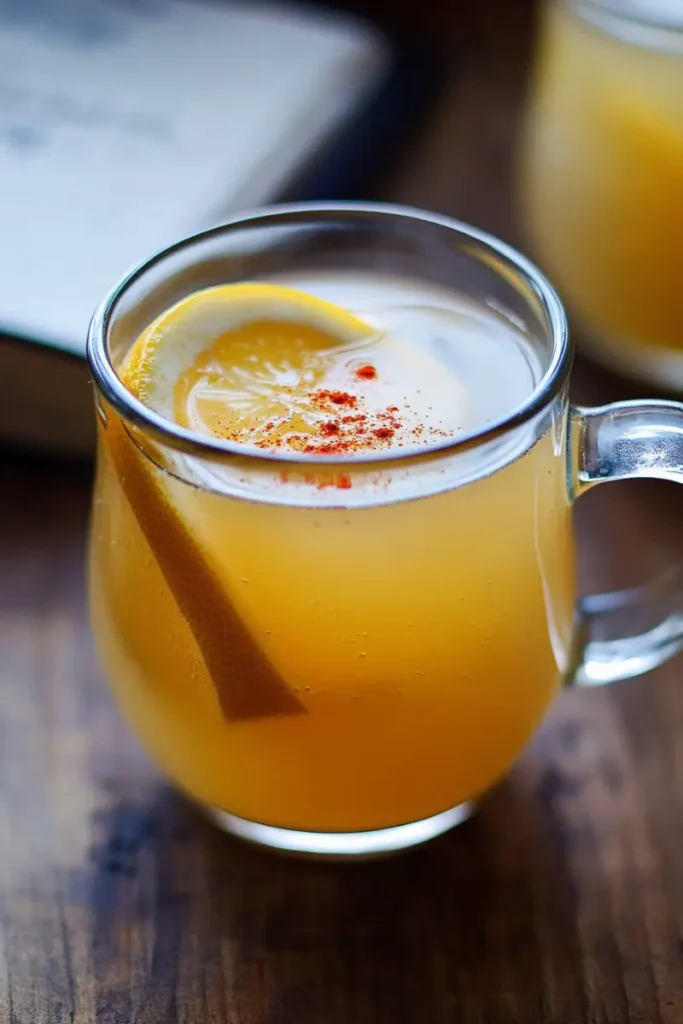 Apple Cider Vinegar Detox Drink in glass mug with lemon and cayenne