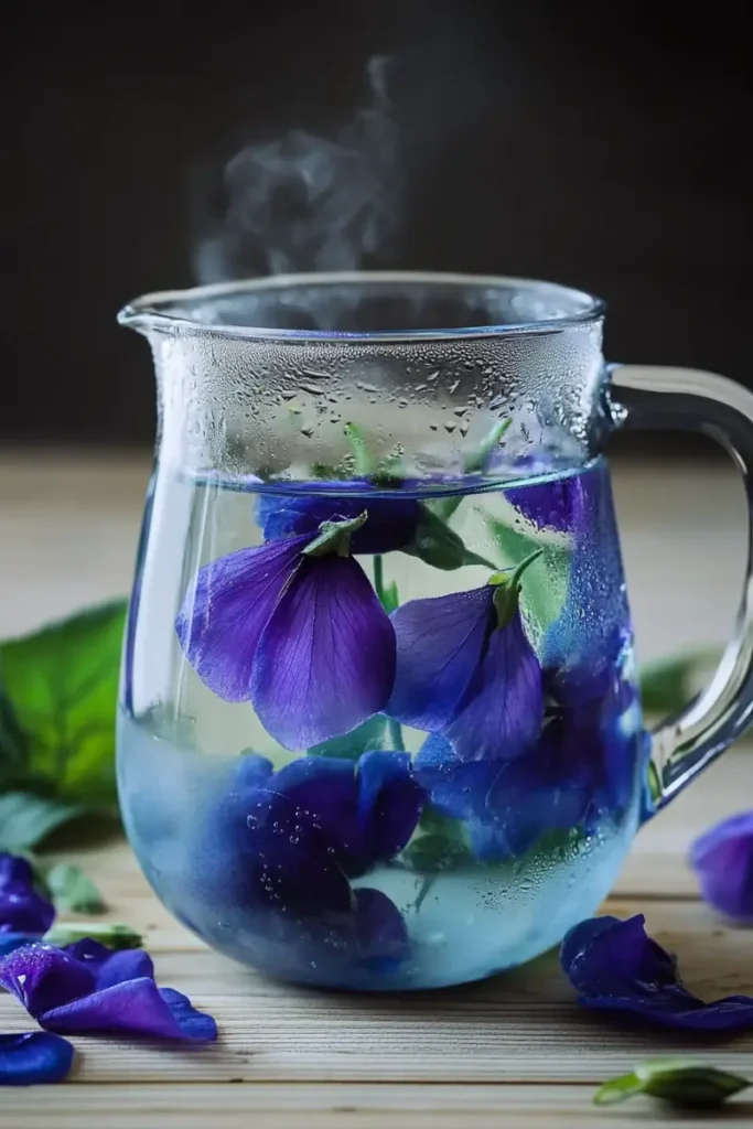Pouring water over butterfly pea blossoms for herbal tea
