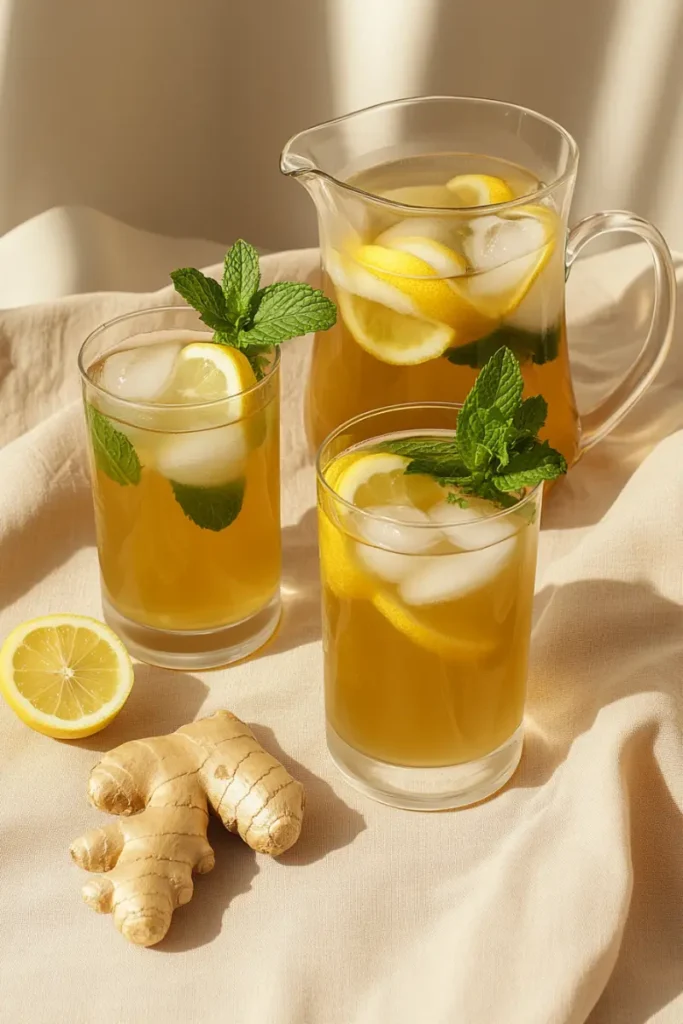 Healthy mocktail with lemon, ginger, and mint