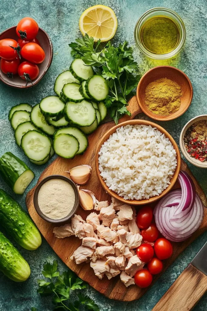 Ingredients for Chicken Shawarma Salad with Rice and Vegetables