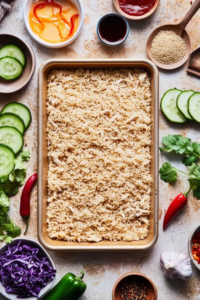 Sheet pan golden rice for Teriyaki Salad