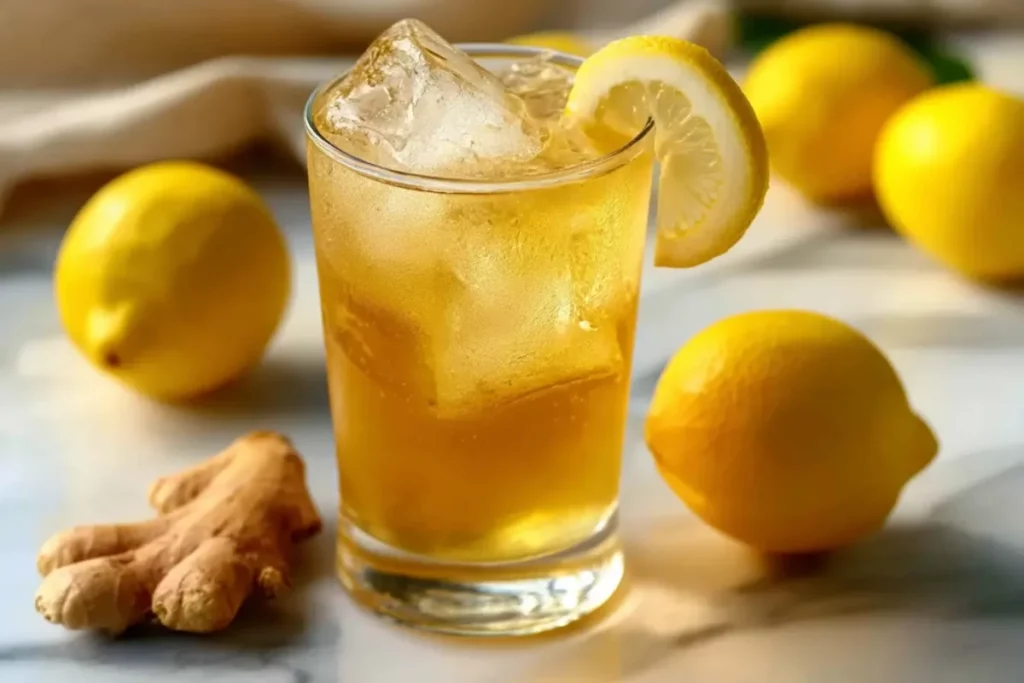 Golden Mounjaro detox drink with ice cubes and lemon slice
