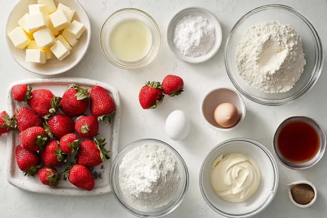 Ingredients for strawberry shortcake including strawberries, flour, butter, cream, and vanilla arranged on a white surface