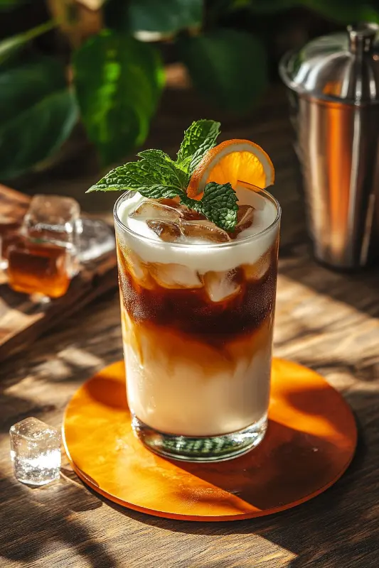 Tall Brazilian coffee mocktail with mint and orange garnish