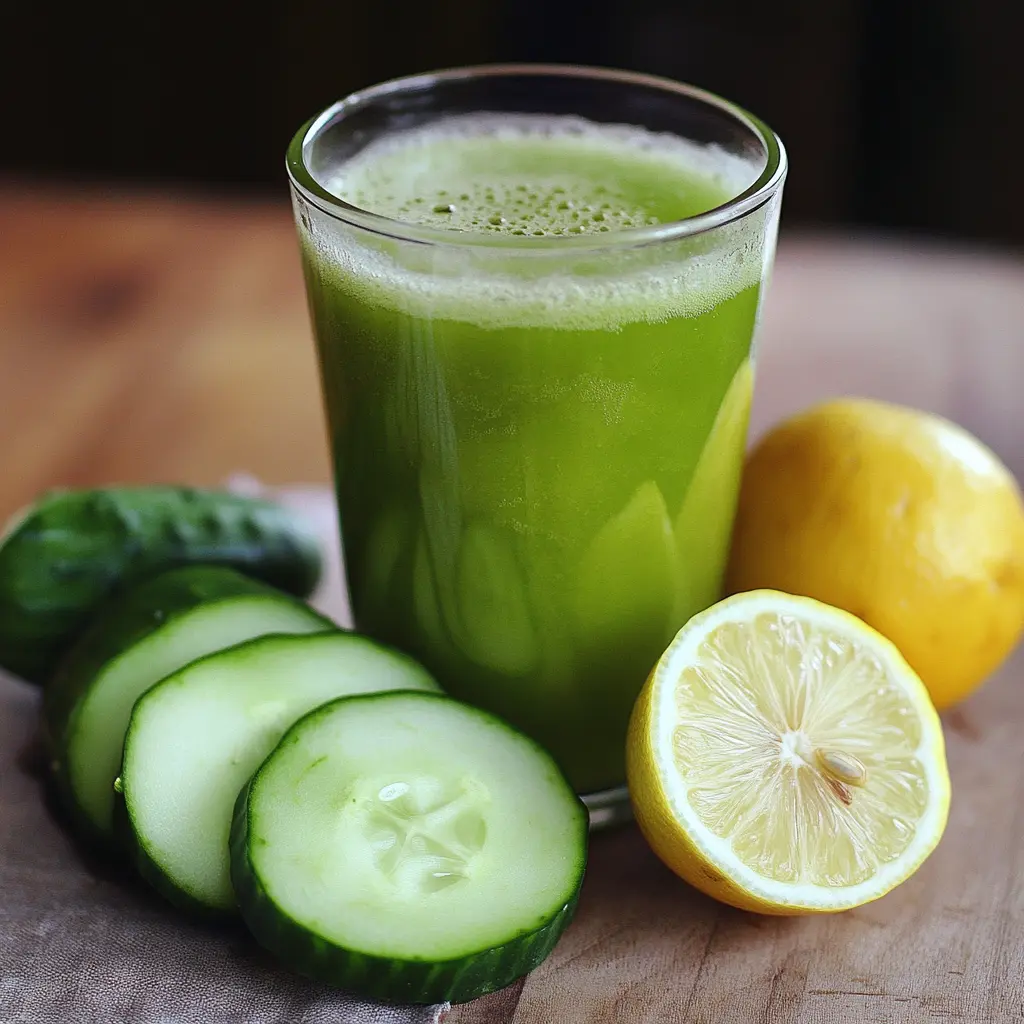 "Glass of green detox juice with sliced cucumber and halved lemon on a wooden surface"