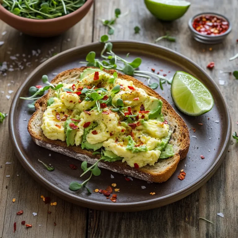 scrambled egg toast with avocado, chili flakes, and greens