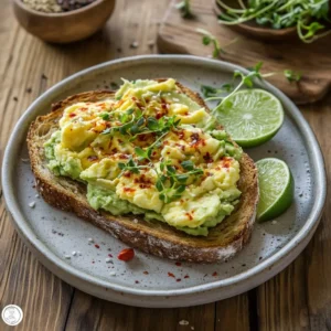 scrambled egg toast with avocado and toppings on ceramic plate
