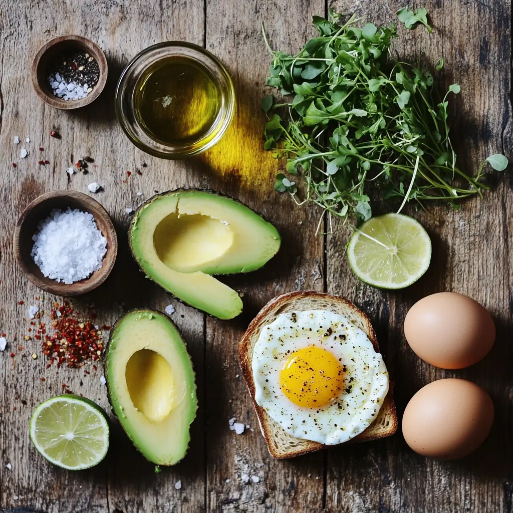 ingredients for scrambled egg toast with avocado laid out on wooden table