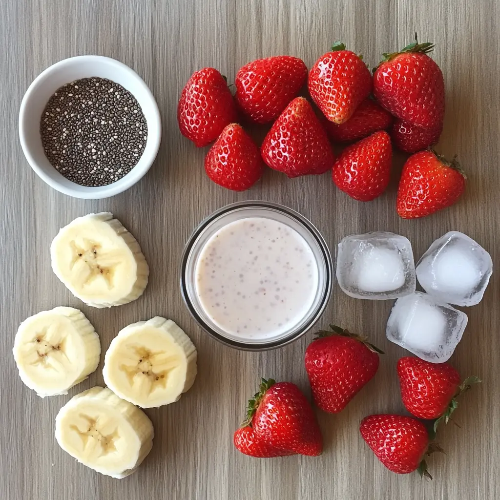 "Flat lay of sliced banana, strawberries, chia seeds, almond milk with chia, and ice cubes on wood surface"