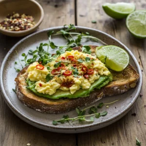 spicy scrambled egg toast with avocado and chili on rustic bread