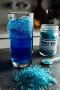 Blue salt trick recipe ingredients showing Persian blue salt crystals in a wellness drink.