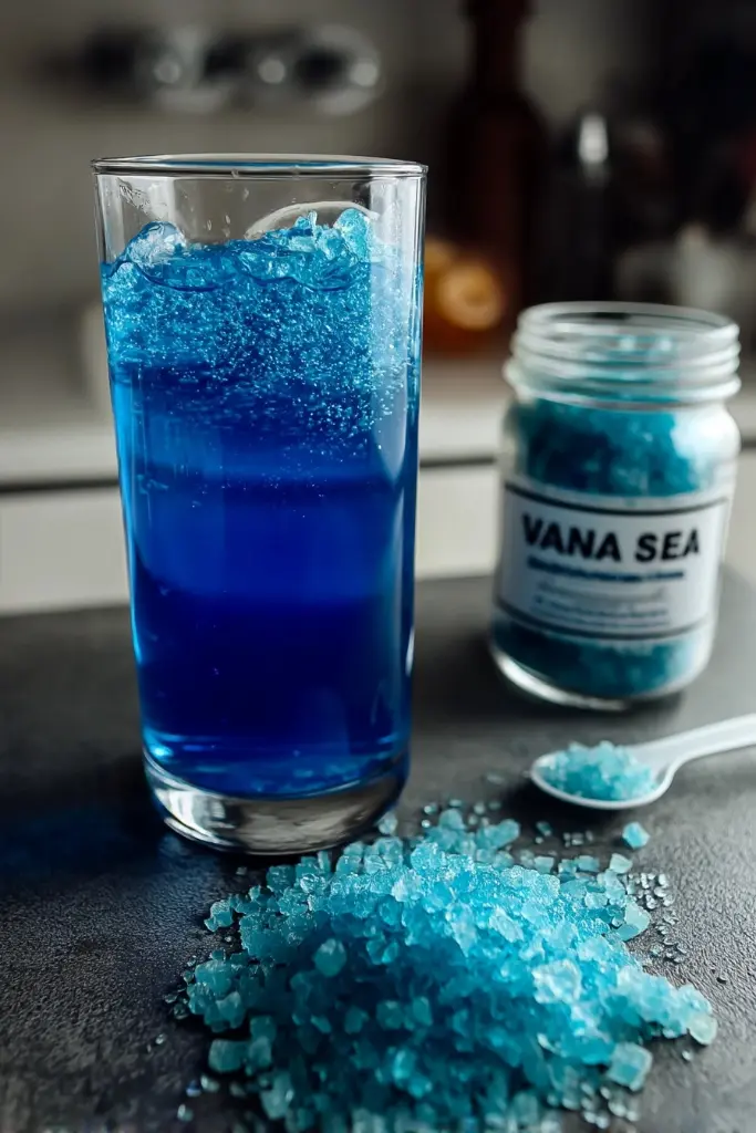 Blue salt trick recipe ingredients showing Persian blue salt crystals in a wellness drink.