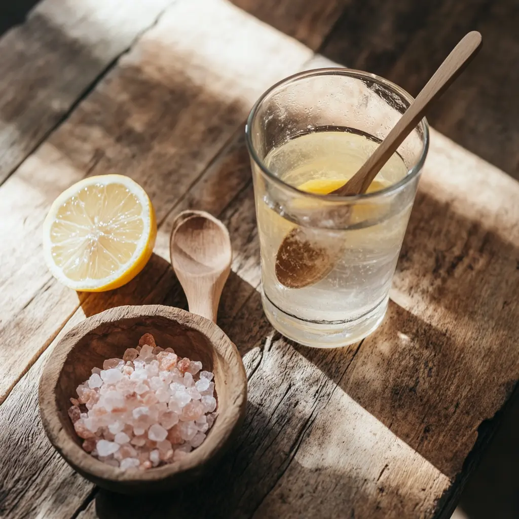 Pink Salt Trick Recipe ingredients on wooden board: Himalayan pink salt, lemon, honey, ginger, and pink saltwater