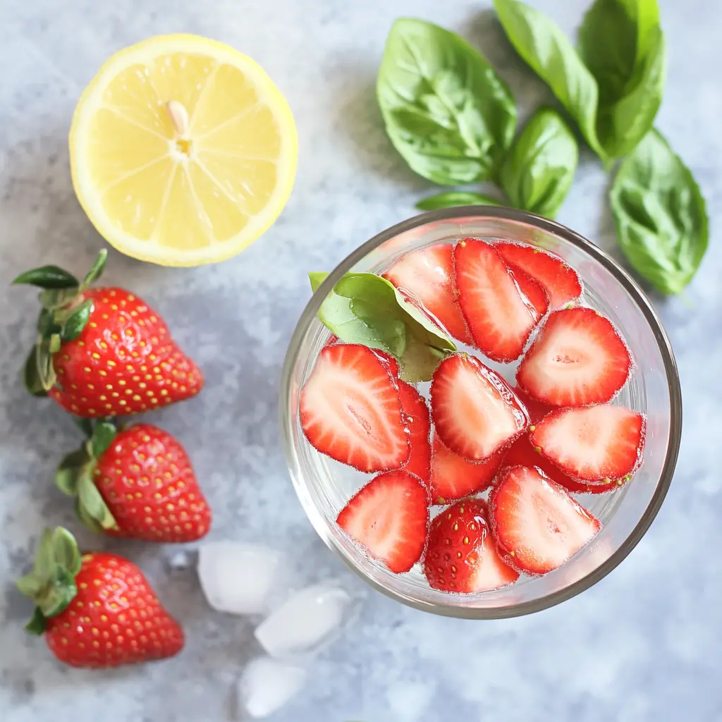"Top view of glass filled with strawberry slices, basil leaves, lemon half, and ice cubes on gray background"