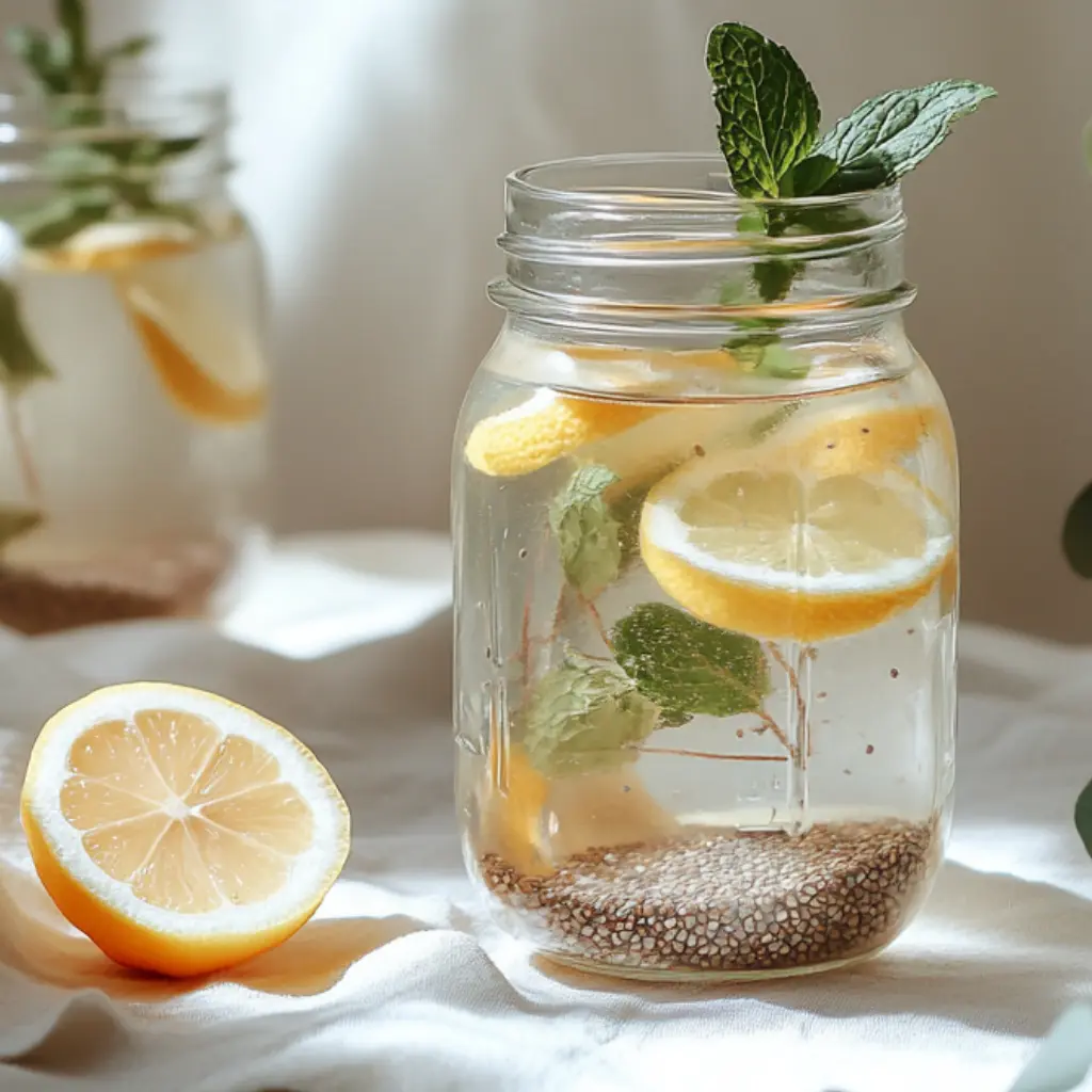 Homemade Mounjaro Drink in glass with soaked chia, pink salt, lemon, and mint