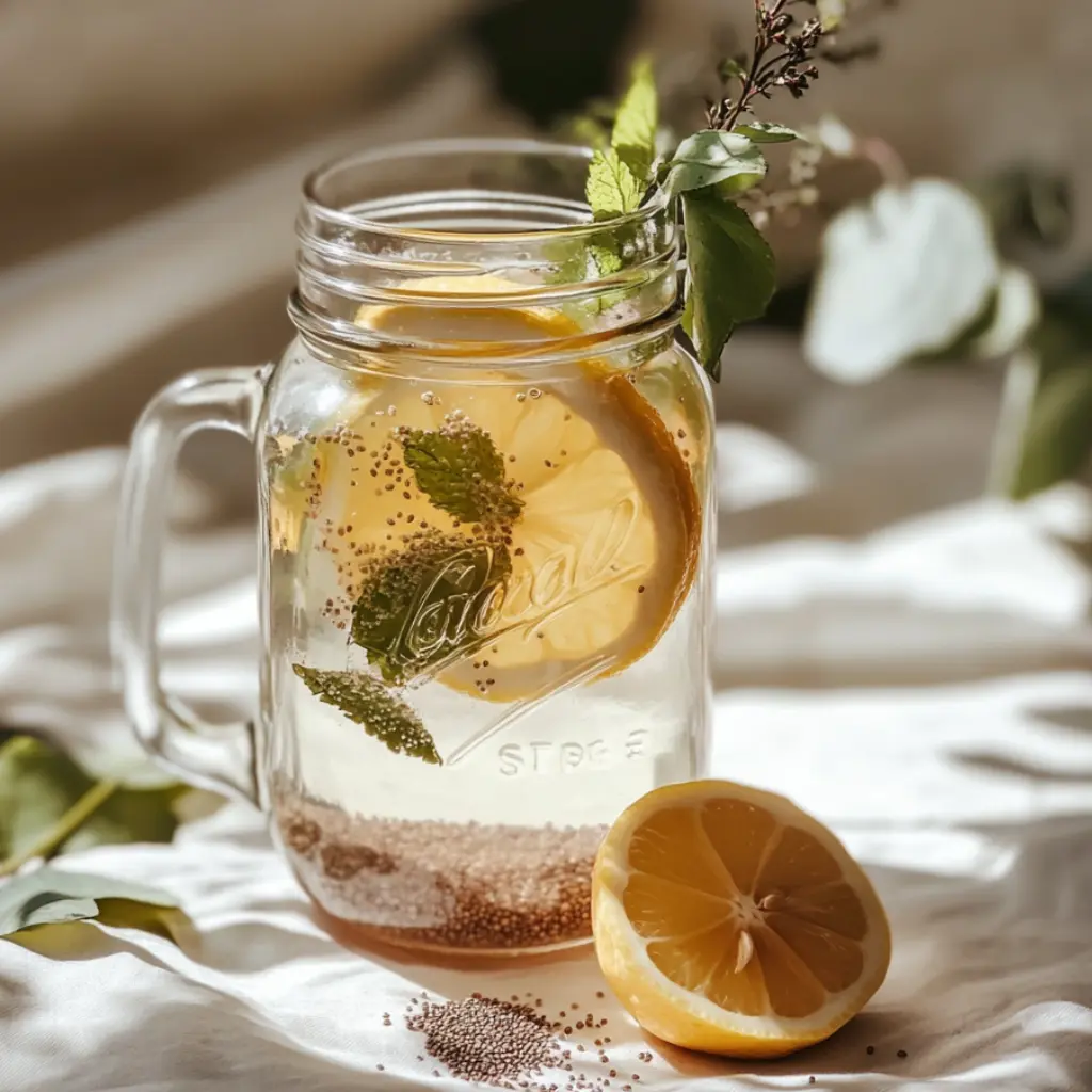 Homemade Mounjaro Drink natural detox water with chia, mint, lemon, and pink Himalayan salt