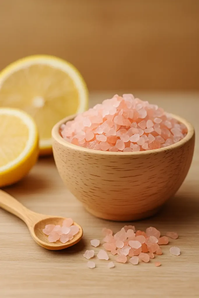 Natural Mounjaro Recipes with pink salt and lemon on wood background