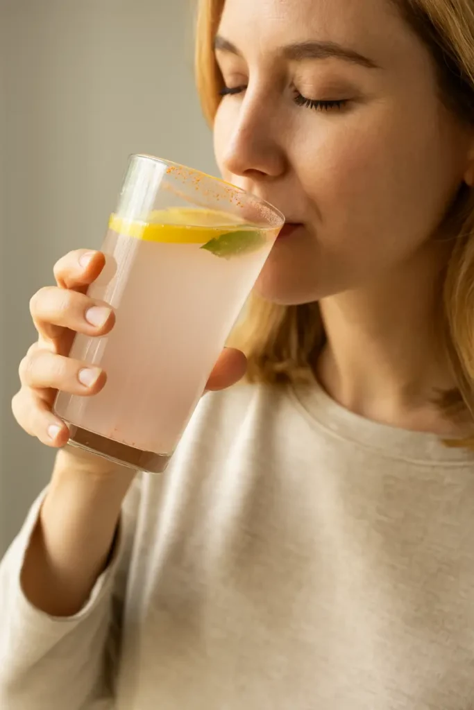 Woman drinking pink salt Natural Mounjaro Recipes in morning routine