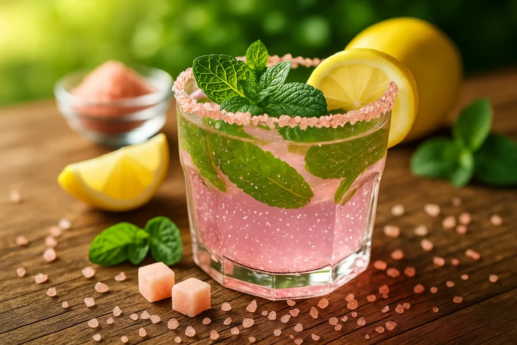 Close-up of Brazilian Mounjaro Recipe with Pink Salt with lemon and mint