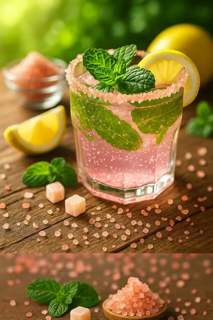 Brazilian Mounjaro Recipe with Pink Salt with lemon and mint in a clear glass
