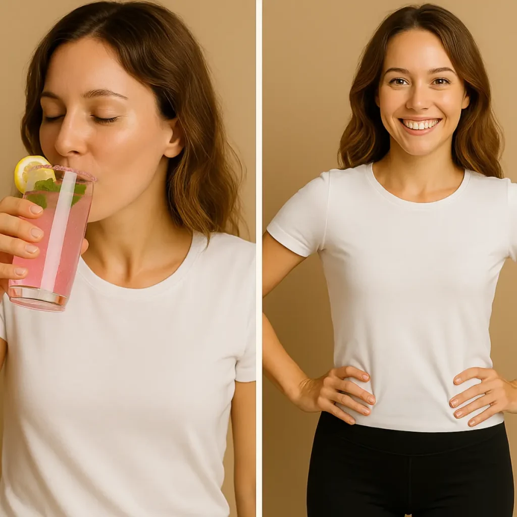 Woman drinking pink salt detox drink and showing post-drink wellness