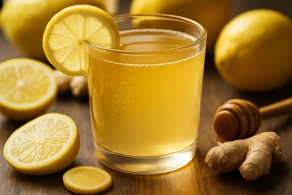 Glass of natural mounjaro drink with lemon slice, ginger, and honey on wooden table