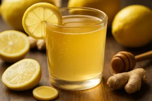 Glass of natural mounjaro drink with lemon slice, ginger, and honey on wooden table