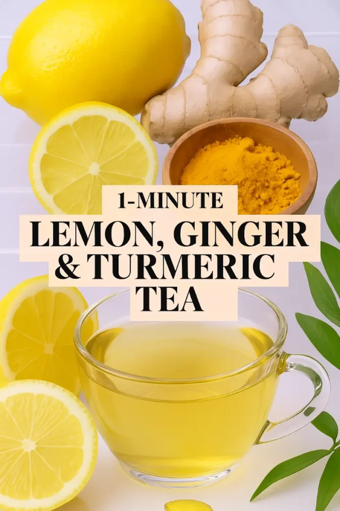 Fresh lemon, ginger, turmeric powder, and a glass of tea with leafy background