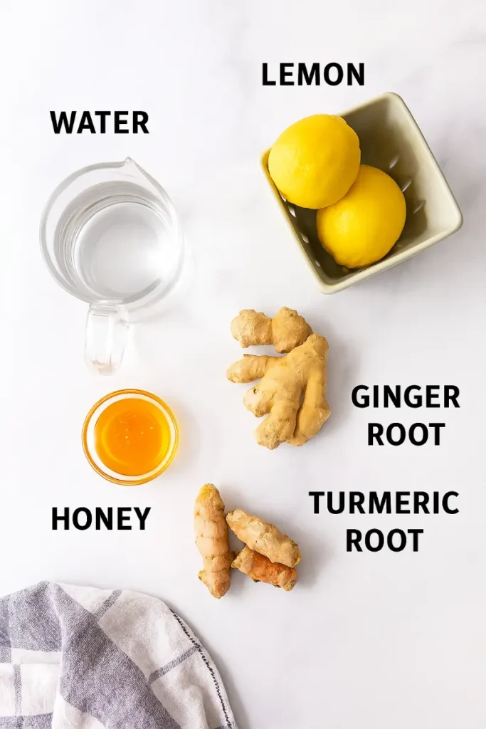 Flat lay of natural mounjaro drink ingredients: water, lemon, honey, ginger, turmeric