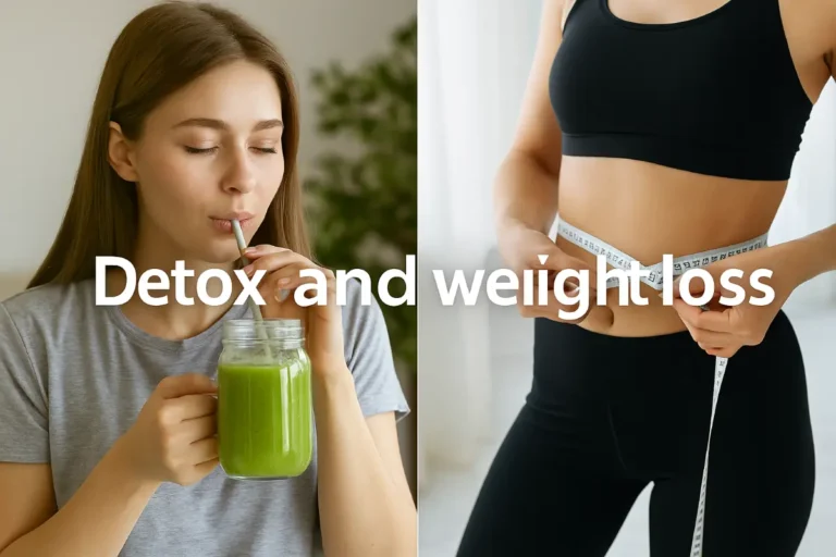 Woman drinking green detox drink and another measuring waist for weight loss goals