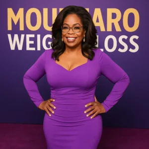 Oprah Winfrey in purple dress standing in front of Mounjaro backdrop