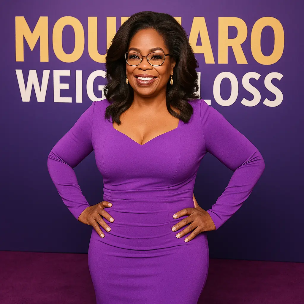 Oprah Winfrey in purple dress standing in front of Mounjaro backdrop