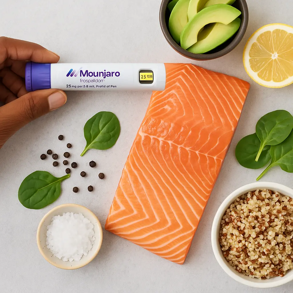 Mounjaro pen with salmon, avocado, quinoa, lemon, and spinach