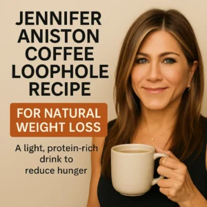 Jennifer Aniston smiling while holding a coffee mug promoting the Coffee Loophole Recipe