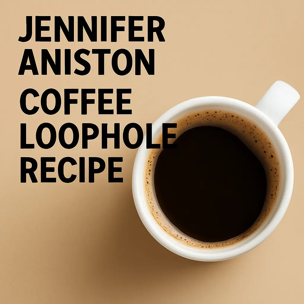 Overhead shot of black coffee cup with bold text about Jennifer Aniston Coffee Loophole Recipe