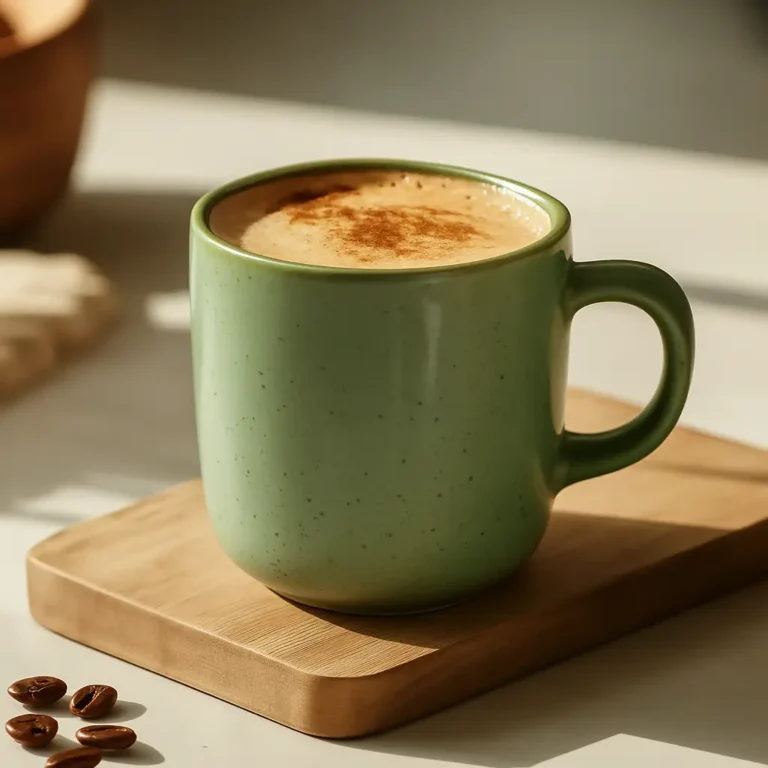 Speckled green coffee mug on a wooden tray, representing the Jennifer Aniston Coffee Loophole Recipe