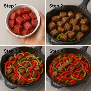 Cooking Jamaican peppered steak with vegetables in a skillet – 4 stages