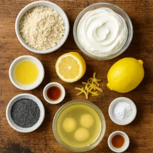 brazilian lemon poppyseed pancakes ingredients on rustic table