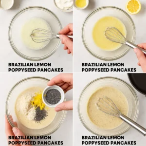 brazilian lemon poppyseed pancakes preparation steps in mixing bowls
