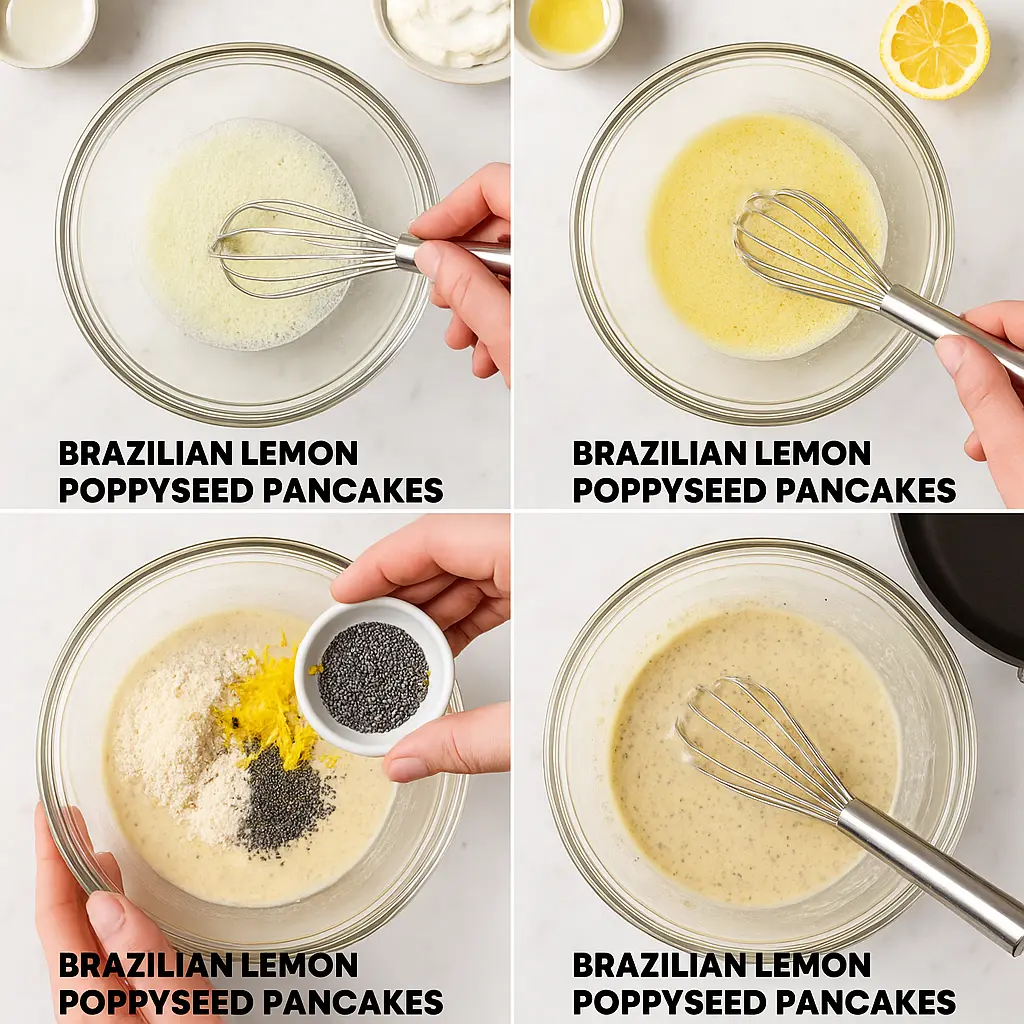brazilian lemon poppyseed pancakes preparation steps in mixing bowls