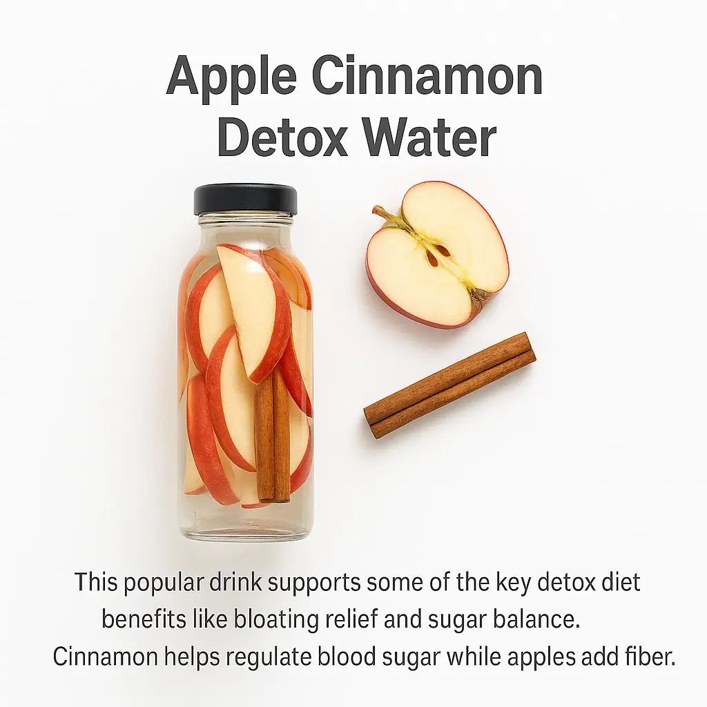 Detox diet benefits with apple cinnamon detox water in a clear bottle