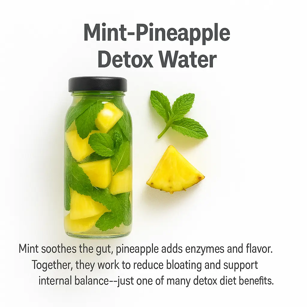 Detox diet benefits highlighted in pineapple mint detox water infusion